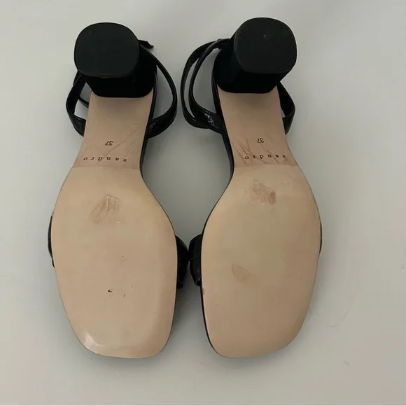 Sandro Lauren Black Leather Strappy Block Heel Sandal Size 37